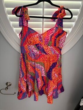 Joy Joy sleeveless, multi-colored patterned mini dress tie straps tiered skirt L